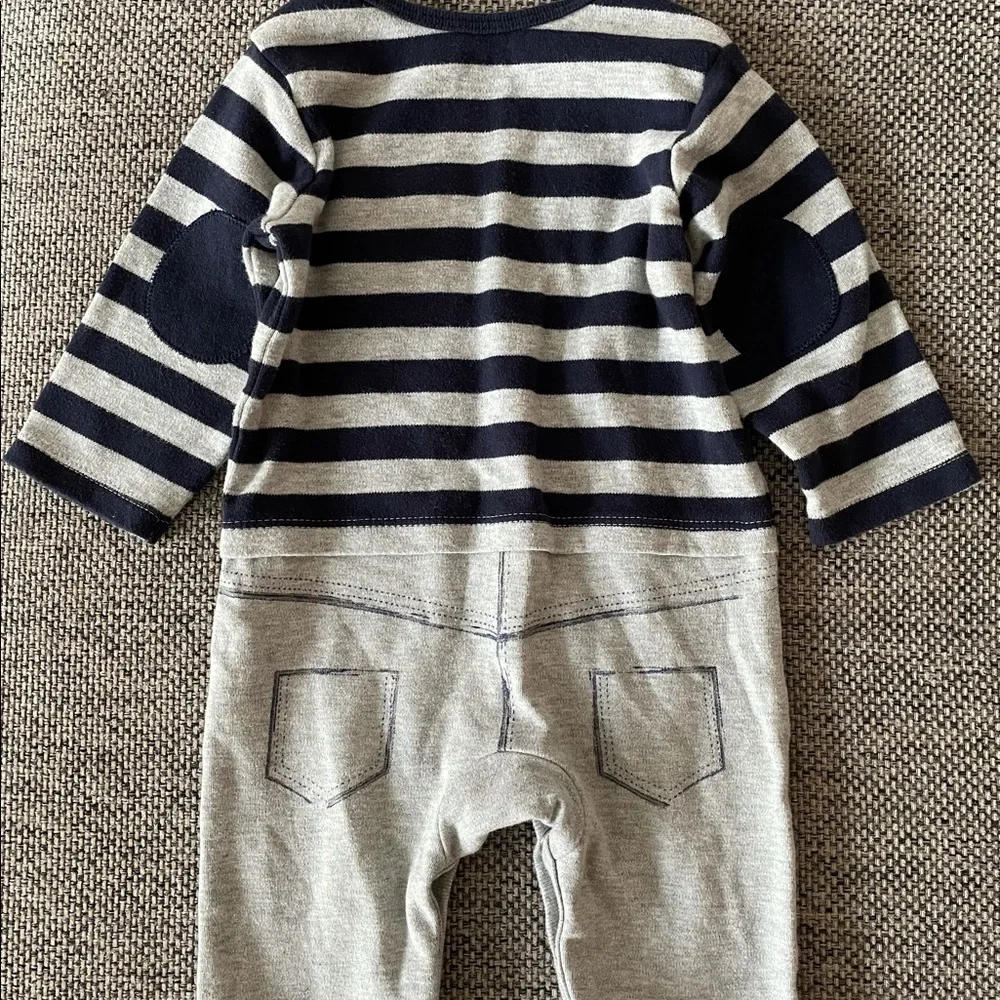 Truly Scrumptious | Grey Navy Striped Long Sleeve Playsuit Romper | 3 months